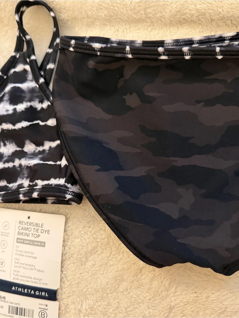 Athleta Girl reversible, camo Black & White Tie-Dye Sports Bikini Set size 6